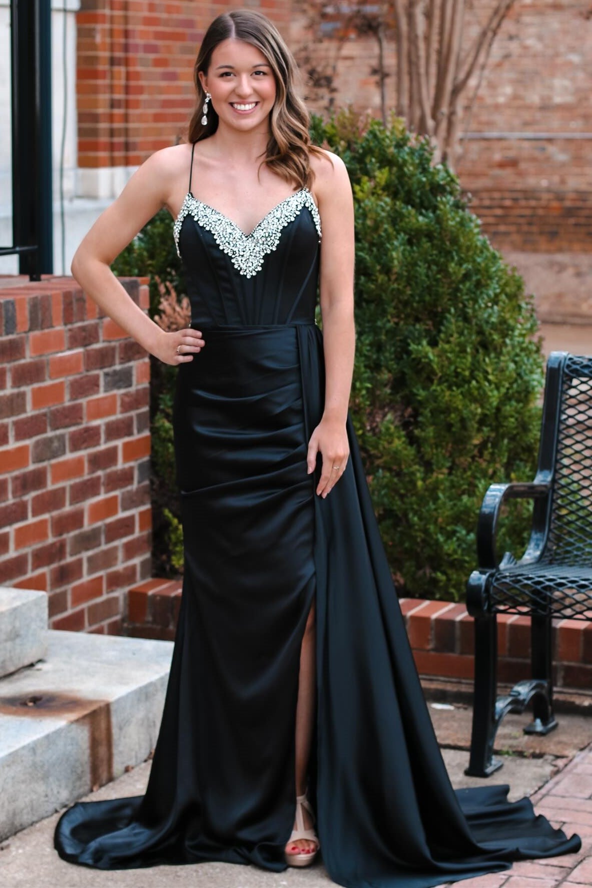 Dressime Sheath Rhinestone V Neck Long Prom Dress with Attached Train dressime