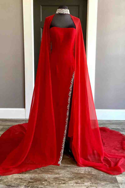 Dressime Strapless Beaded Side Slit Long Prom Dress with Cape dressime