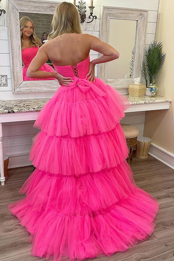 Dressime Unique Asymmetrical High Low Tiered Strapless Prom Dress with Ruffles dressime