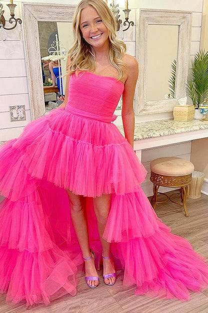 Dressime Unique Asymmetrical High Low Tiered Strapless Prom Dress with Ruffles dressime