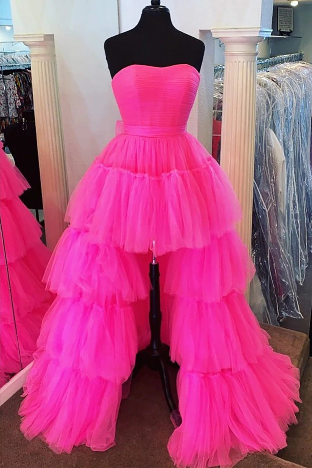 Dressime Unique Asymmetrical High Low Tiered Strapless Prom Dress with Ruffles dressime