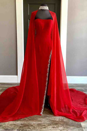 Dressime Strapless Beaded Side Slit Long Prom Dress with Cape