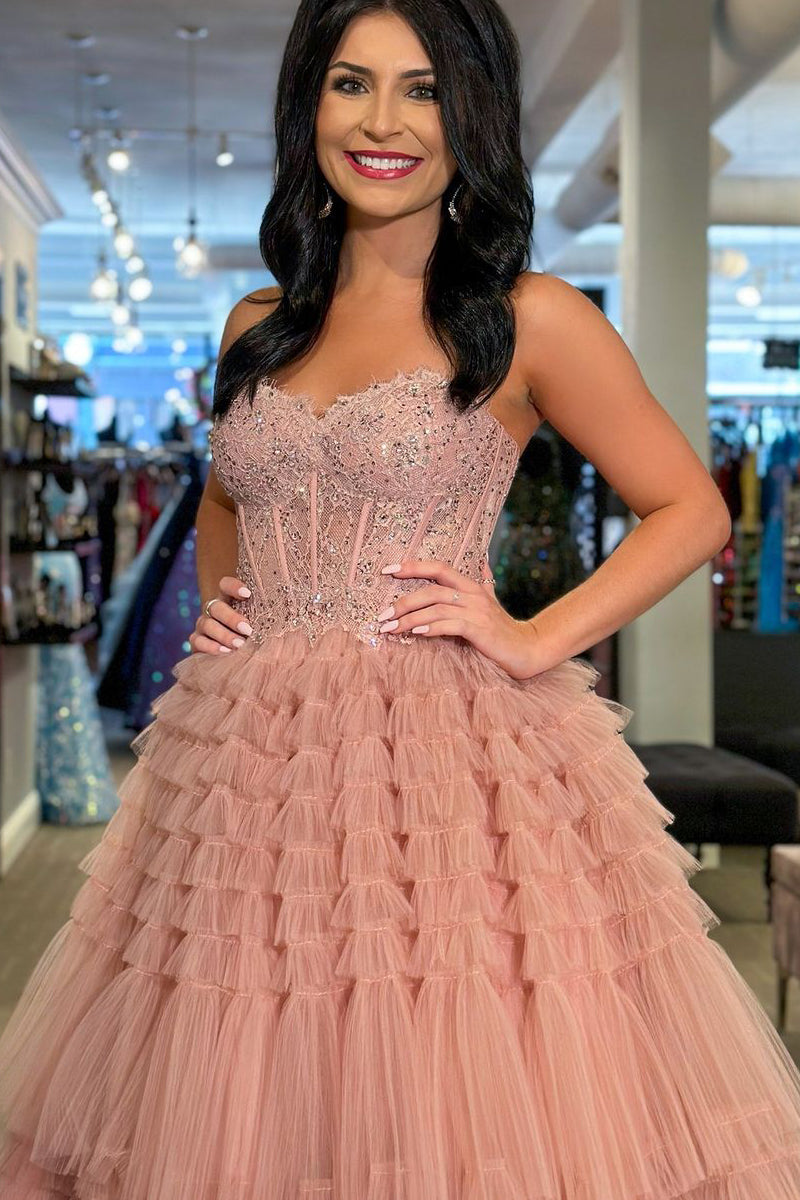 Dressime Ball Gown Sweetheart Tulle Tiered Tulle Long Prom Dresses