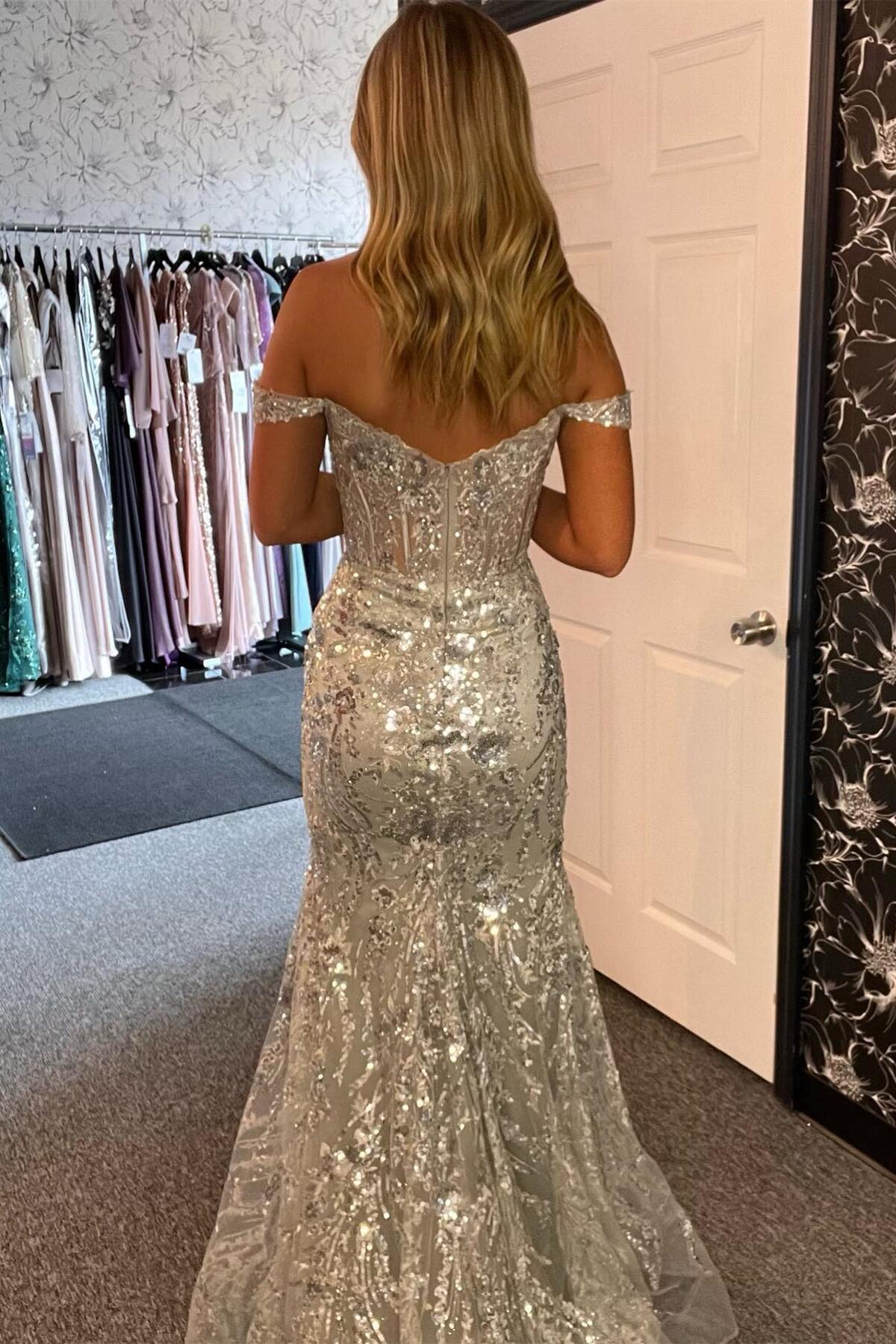 Dressime Mermaid Off The Shoulder Sequined Floral Long Prom Dress with Slit